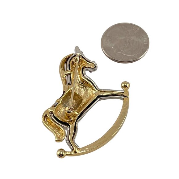 Unbranded Rocking Horse Pin Brooch Gold Tone Enameled Red Green Silver 2" - Picture 5 of 6